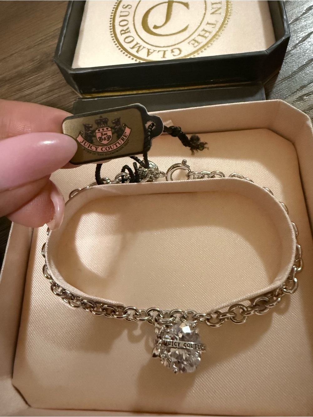 NWT- Juicy Couture Silver Chain Bracelet with Heart Crystal Charm - Picture 2 of 10
